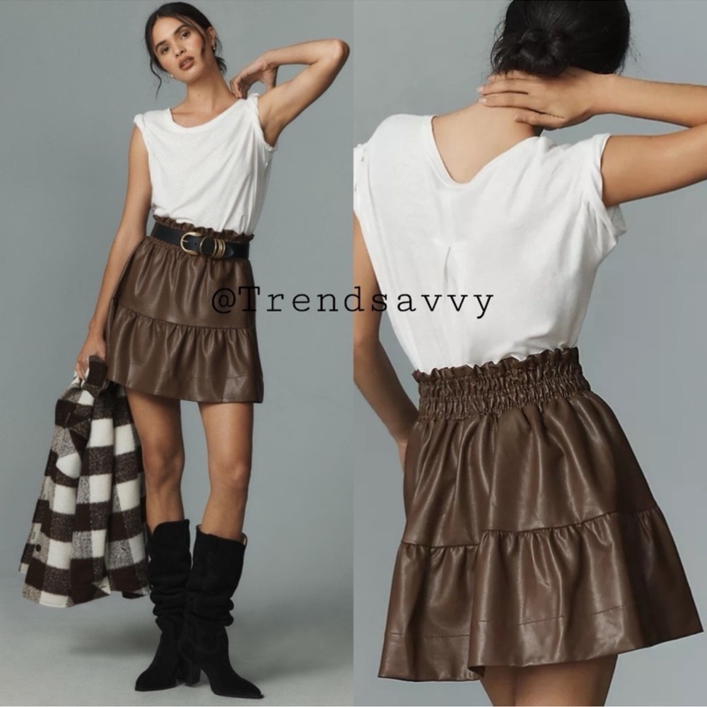 Anthropologie Somerset Faux Leather Mini Skirt Brown Smocked Waist Medium NWT